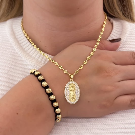 Cadena Tejido Gucci de Dma de 45cm de 3mm + Virgen de Guadalupe con Micro Circones Cristales + Pulseras Tejida Balin Italiano de 6mm en Oro Laminado 18k con Garantia de por vida