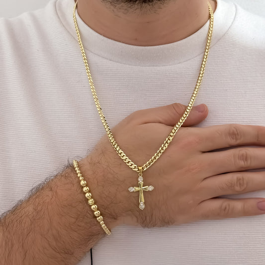 Cadena Cubana Plana Diamantada de 60cm de 5mm de Grosor + Cruz Trébol con micro circones  +Pulsera Full balines de 4mm y 5mm  en Oro Laminado 18k con Garantía de por vida incluye certificado de Garantia