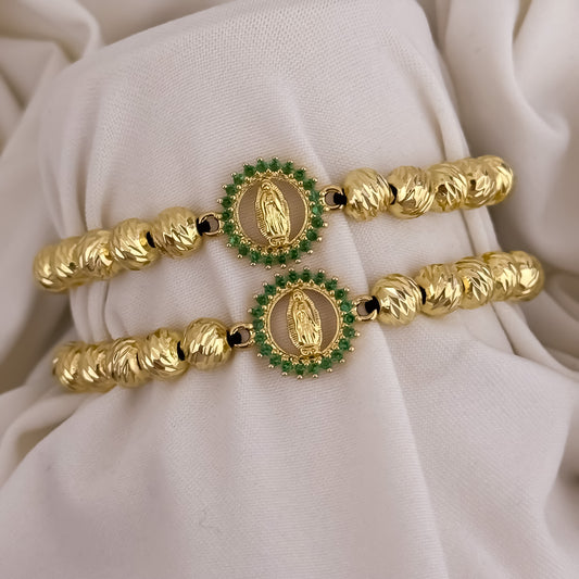 Brazales de 2 Pulseras de Virgen de Guadalupe Talla con Micro Circones Verde Esmeralda en Oro Laminado 18k con Garantía de por vida