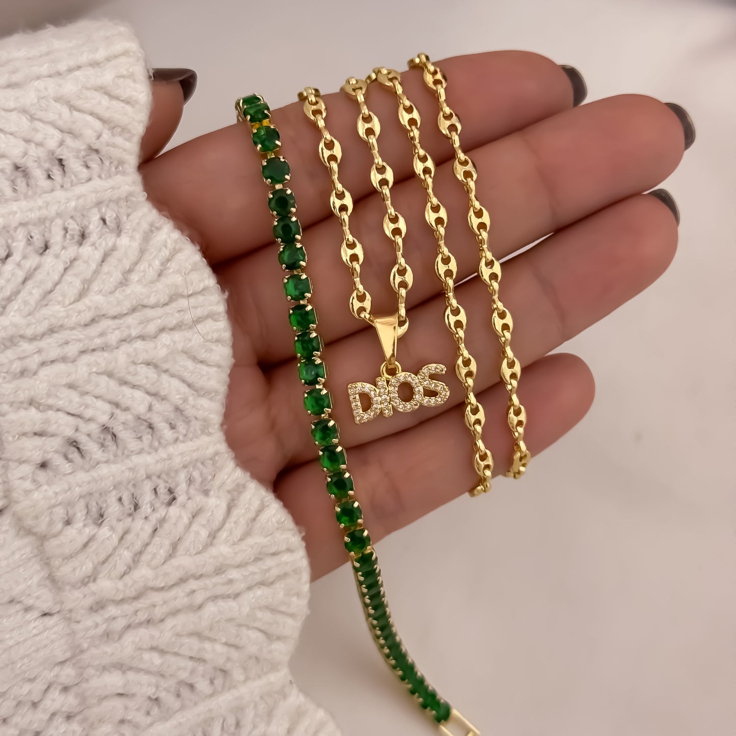 Cadena Tejido Gucci de Dama de 45cm + Dije de DIOS + Pulseras Tennis Verde Esmeralda en Oro Laminado 18k con Garantia de por vida