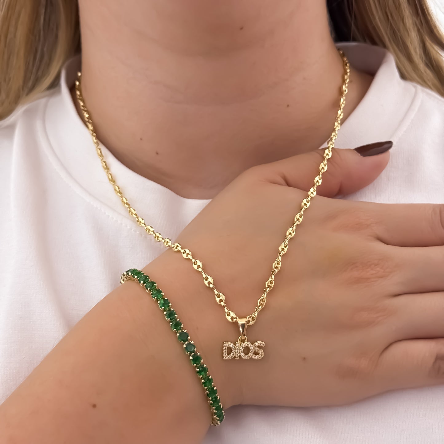 Cadena Tejido Gucci de Dama de 45cm + Dije de DIOS + Pulseras Tennis Verde Esmeralda en Oro Laminado 18k con Garantia de por vida