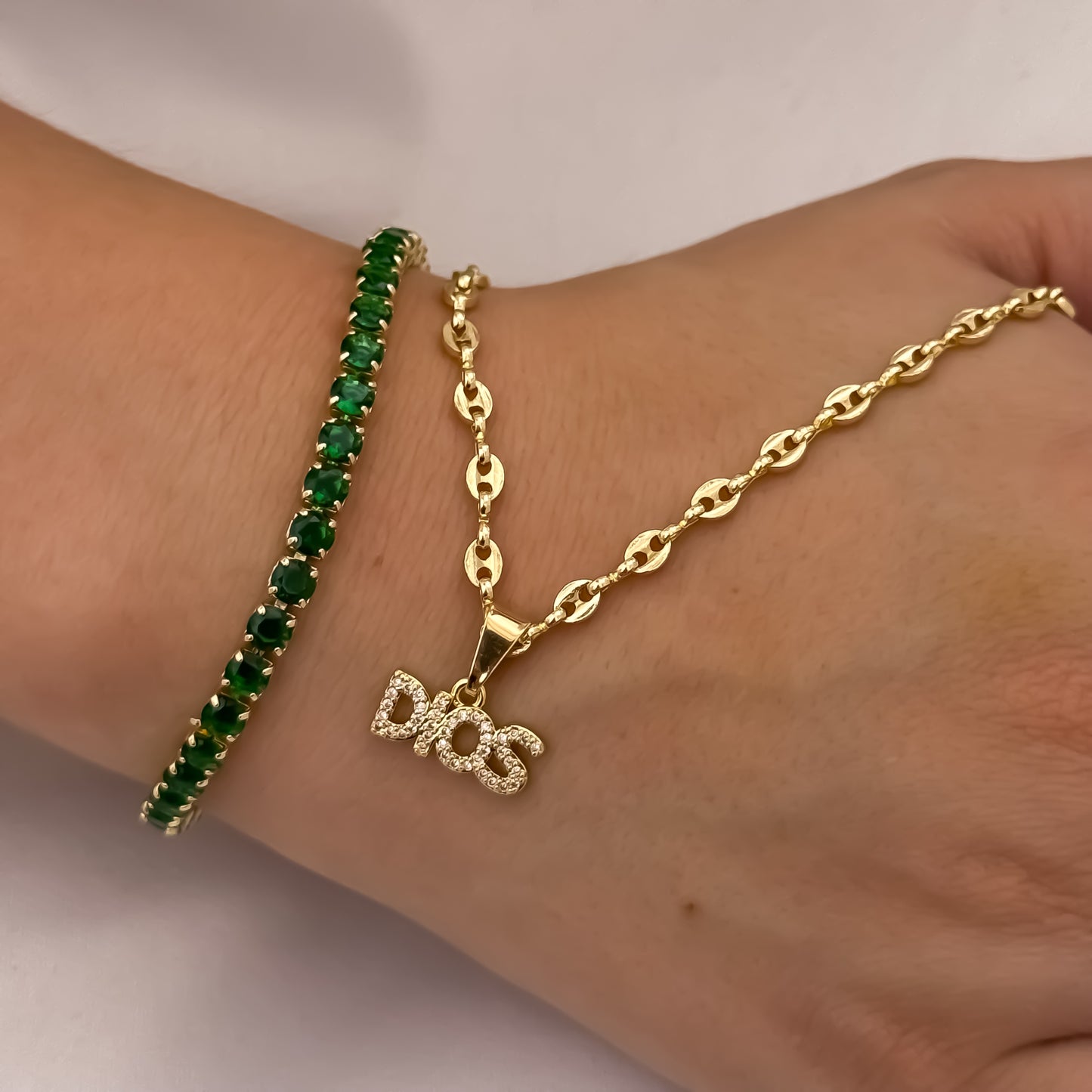 Cadena Tejido Gucci de Dama de 45cm + Dije de DIOS + Pulseras Tennis Verde Esmeralda en Oro Laminado 18k con Garantia de por vida