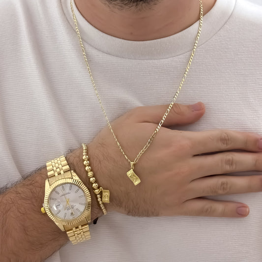 Cadena Tejido Catier de Hombre de 60cm de 3mm de Grosor + Dije de Dólar + Pulsera full Balines de Billete de Dólar  en Oro Laminado 18k con Garantía de por vida + Reloj de Hombre de Rolex con Garantía
