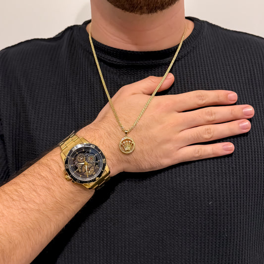 Cadena Tejido Chino de Hombre de 60cm de 3mm de Grosor + Dije de Rolex con Micro circones + Reloj Rolex de Caballero en Oro Laminado 18k con Garantia de por vida +  Camiseta Oversize