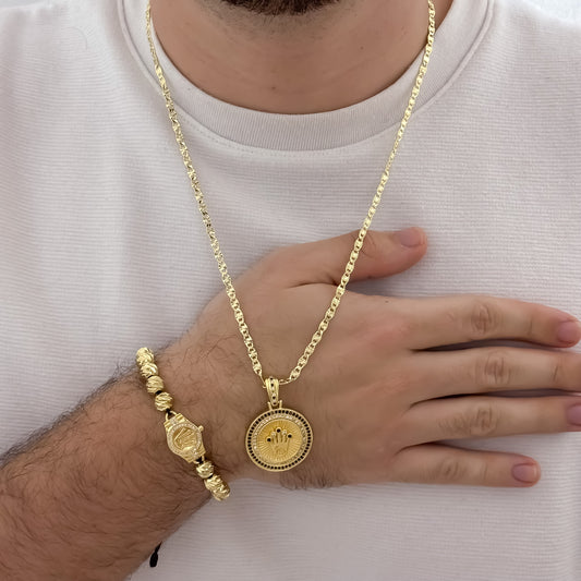 Cadena Tejido Escalera  Plana con Destellos de 60cm de 3mm de Grosor + Dije de Corona Rolex con Micro circones Negro + Pulsera  Balin Rolex Balin Diamantado 8mm en Oro Laminado 18k con Garantía de por vida
