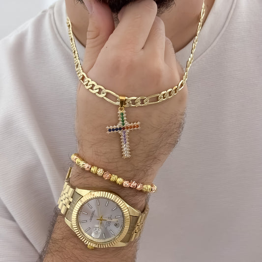 Cadena Tejido Catier de hombre de 60cm de 5mm de Grosor + Cruz con Micro circones de Colores + Pulseras Balin italiano de 6mm de Grosor en Oro Laminado 18k  Reloj de Hombre Rolex