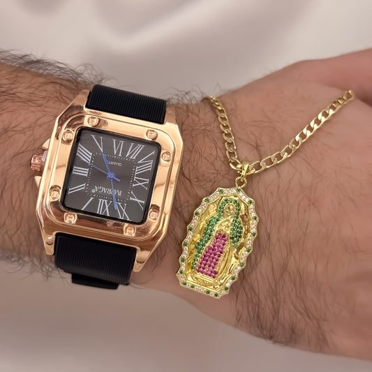 Cadena Tejido Cubana Plana de 60cm de 4mm + Virgen de Guadalupe Tallada colores + Reloj Catier en Oro Rosa en Oro Laminado 18k con Garantia de por vida