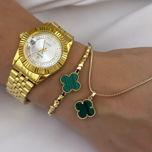 Cadena Tejido Serpiente Delgado de Dama de 45cm de 3mm de Grosor + Van Cleef Verde  + Pulsera Van Cleef verde en Balin Italiano en Oro Laminado 18k con Garantia de por vida