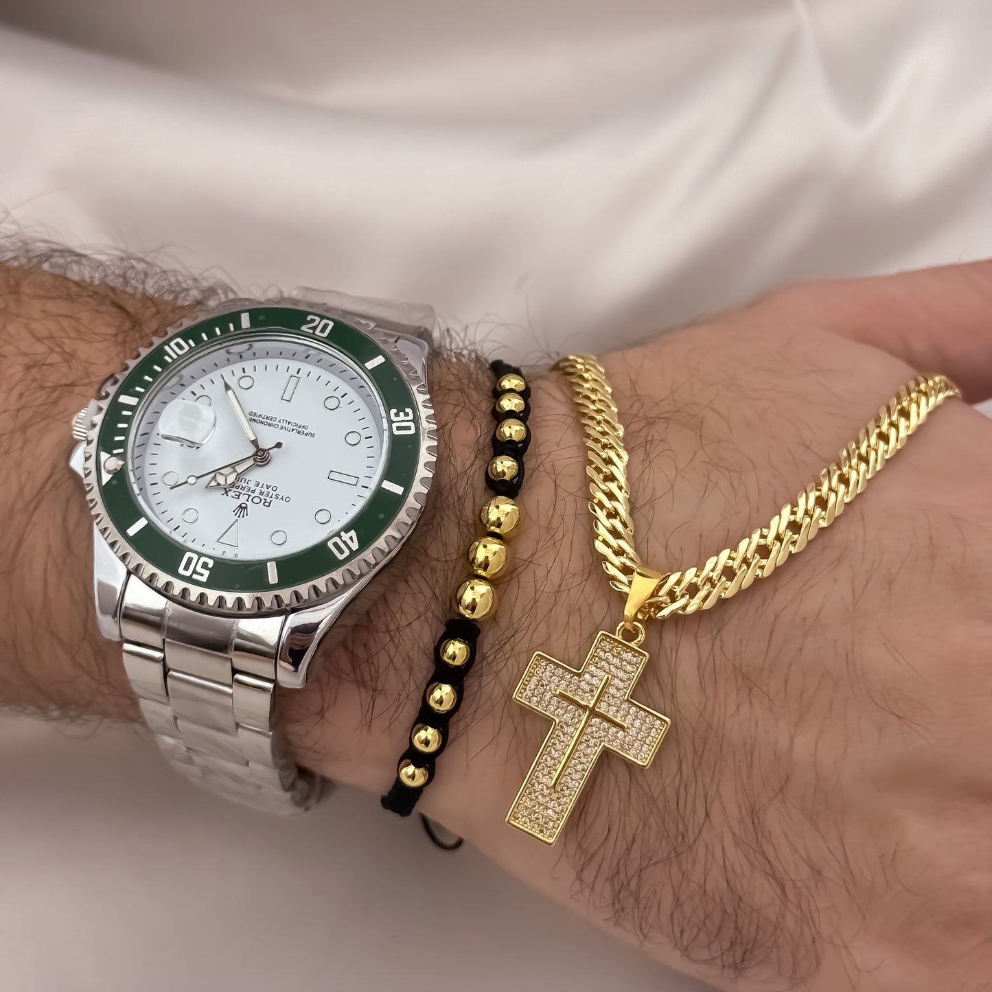 Cadena Tejido Cubana Cruzada de 60cm de 5mm de Grosor + Cruz con Micro Circones Cristales + Pulseras Tejida en Balin de Liso + Reloj Rolex Vicolor en Oro Laminado 18k con Garantia de por vida