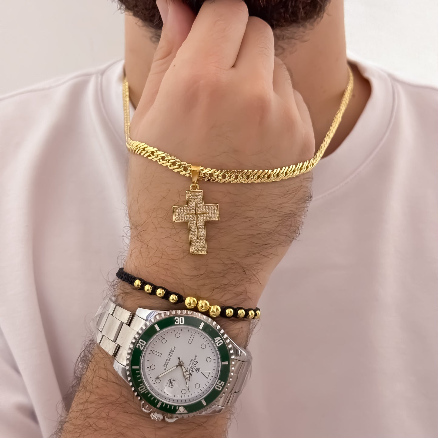 Cadena Tejido Cubana Cruzada de 60cm de 5mm de Grosor + Cruz con Micro Circones Cristales + Pulseras Tejida en Balin de Liso + Reloj Rolex Vicolor en Oro Laminado 18k con Garantia de por vida