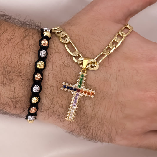 Cadena Tejido Catier de Hombre de 60cm de 5mm de  Grosor + Cruz Con Micro circones + pulseras en balin italiano de 3 Oros en Oro Laminado 18k con garantía
