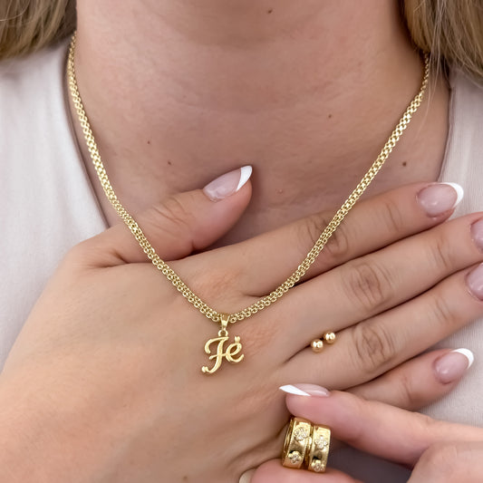 Cadena Tejido Chino Dama de 45cm + Dije de FE + Topo Balin 4mm + Candongas Mediana Micro circones en Oro Laminado 18k