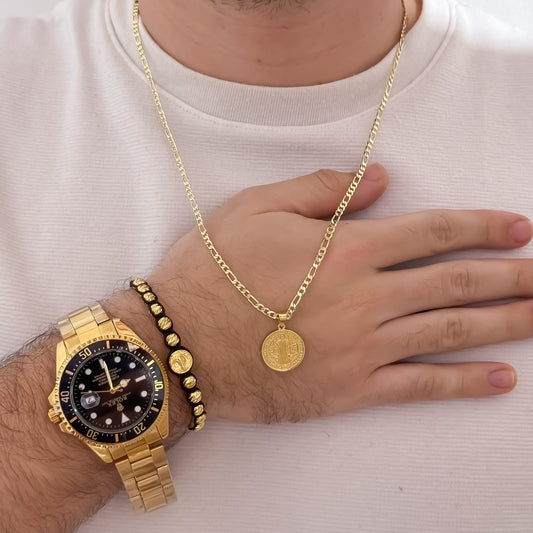 Cadena Tejido Catier de Hombre de 60cm + San Benito Protección  + Pulsera San Benito Protección + Reloj de Hombre Rx en Oro Laminado 18k con Garantía de por vida