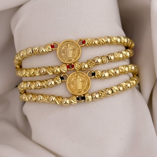 2 Pulseras para Parejas en Balin Italiano de 4mm con Dije de San Benito Proteccion en  Oro Laminado 18k con Garantia de por vida