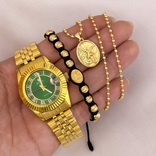 Cadena Tejido Militar de Dama 45 cm + San Miguel  Arcángel + Pulsera Tejida San Miguel Balin Italiano en Oro Laminado 18k + Reloj Rolex de Dama
