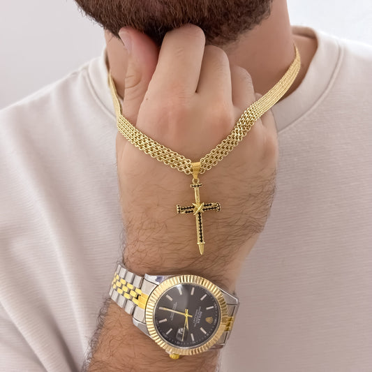 Cadena Tejido Chino Grueso de 60cm de 6mm de Grosor + Cruz Cristo Clavo con Micro circones en Oro Laminado 18k con Garantia de por vida + Reloj Rolex
