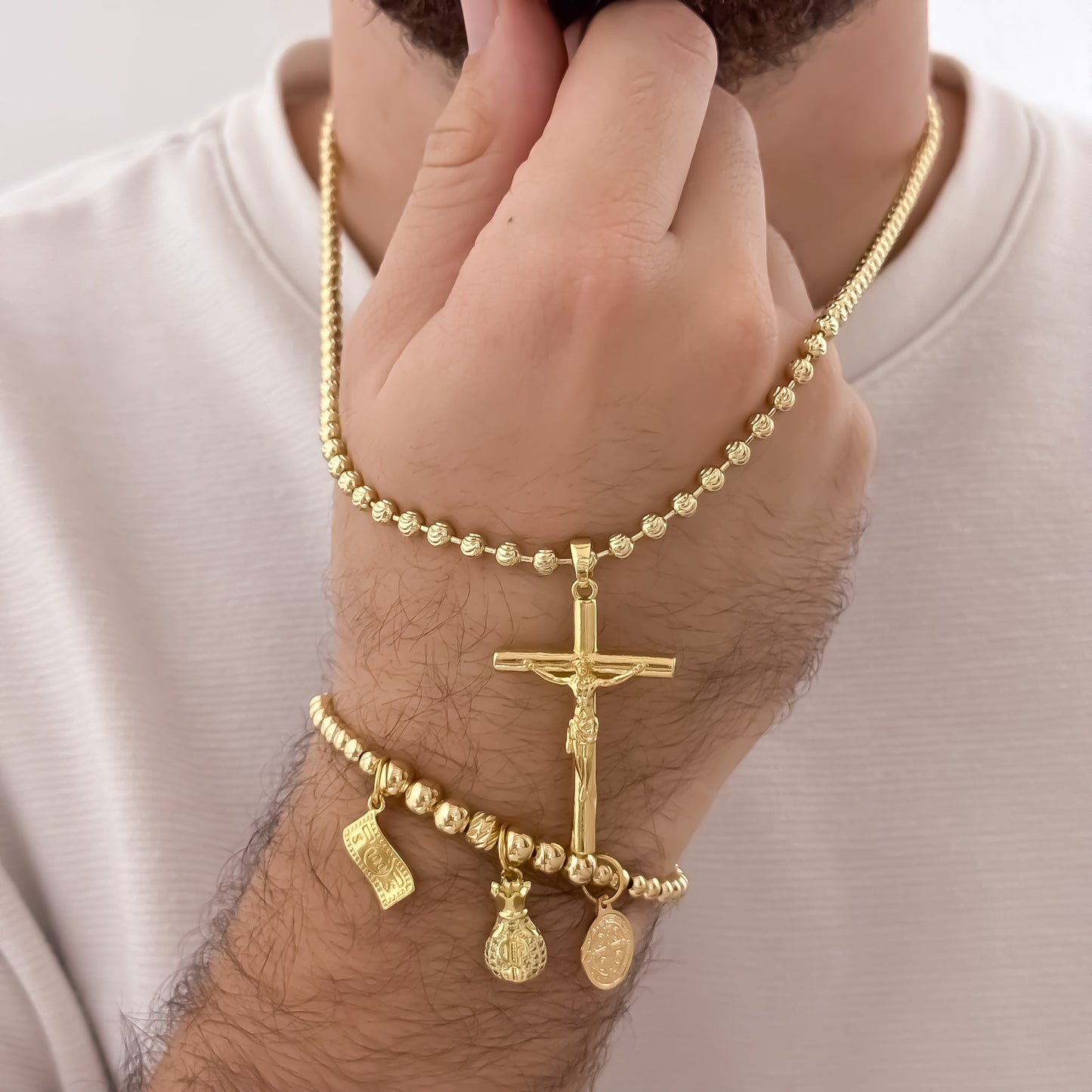 Cadena Tejido Militar Diamantada de 60cm de 4mm de Grosor + Cruz Cristo Madero Protección + Pulsera de Abundancia y Protección en Oro Laminado 18k