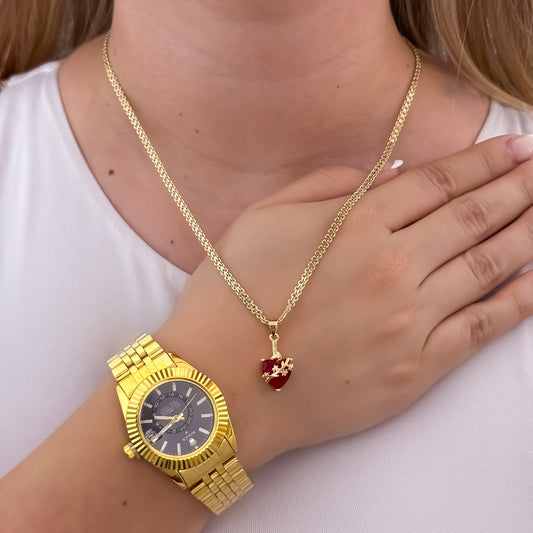 Cadena Tejido Chino de Dama de 45cm de 3mm de Grosor + Dije de Corazon de Jesús en Oro laminado 18k con Garantia de por vida + Reloj de Dama Rolex con Garantía