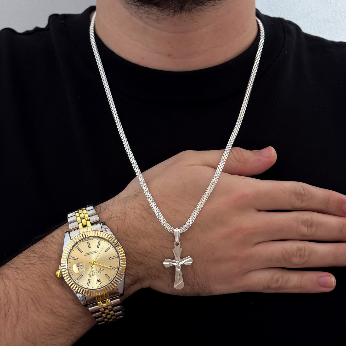 Cadena Tejido Chino de Hombre de 60cm de  4mm + Cruz Trébol en Plata 925 Garantizada  + Reloj Rolex Baño de Plata 925 + Baño de Oro con Garantia de por vida