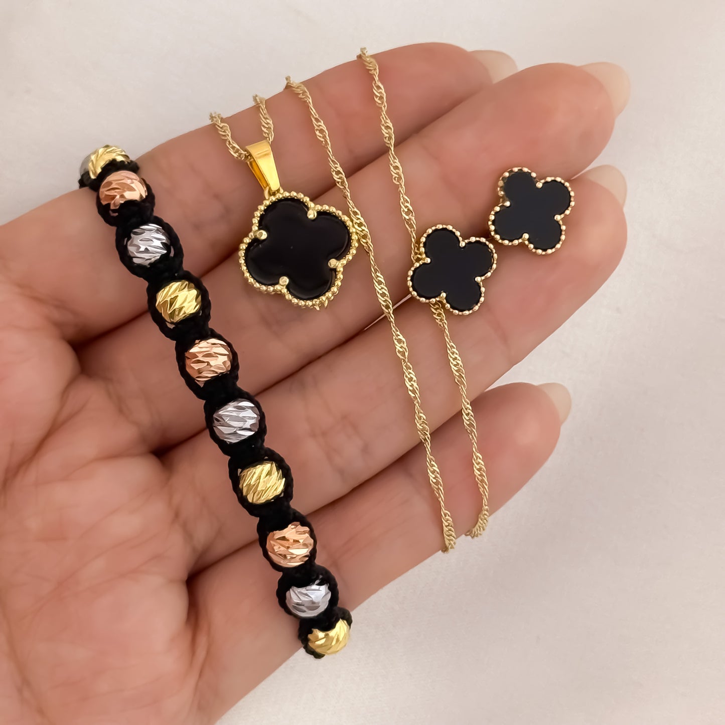 Cadena Tejido Singapur de Dama de 45cm de 2mm + Dije + Topos  Van Cleef  Negro + Pulsera Tejida de 3 Oros en Balin Italiano en Oro Laminado 18k con Garantia de por vida