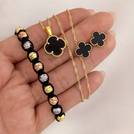 Cadena Tejido Singapur de Dama de 45cm de 2mm + Dije + Topos  Van Cleef  Negro + Pulsera Tejida de 3 Oros en Balin Italiano en Oro Laminado 18k con Garantia de por vida