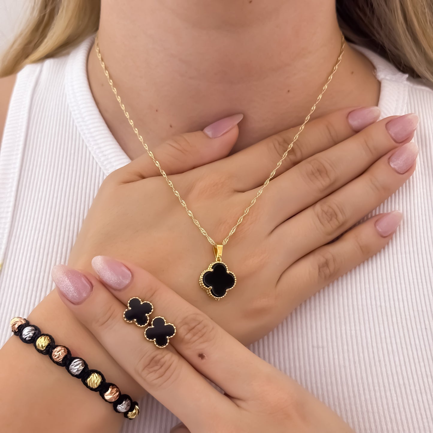 Cadena Tejido Singapur de Dama de 45cm de 2mm + Dije + Topos  Van Cleef  Negro + Pulsera Tejida de 3 Oros en Balin Italiano en Oro Laminado 18k con Garantia de por vida