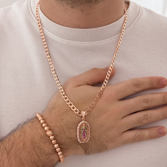 Conjunto Para Caballero en Cadena Tejido Cubana Plana Oro Rosa  de 60cm de 5mm de Grosor + Virgen de Guadalupe Tallada  Oro Rosa + Pulsera Balin Lisa 6mm en Oro Rosa en Oro laminado 18k Oro Rosa con Garantía de por vida