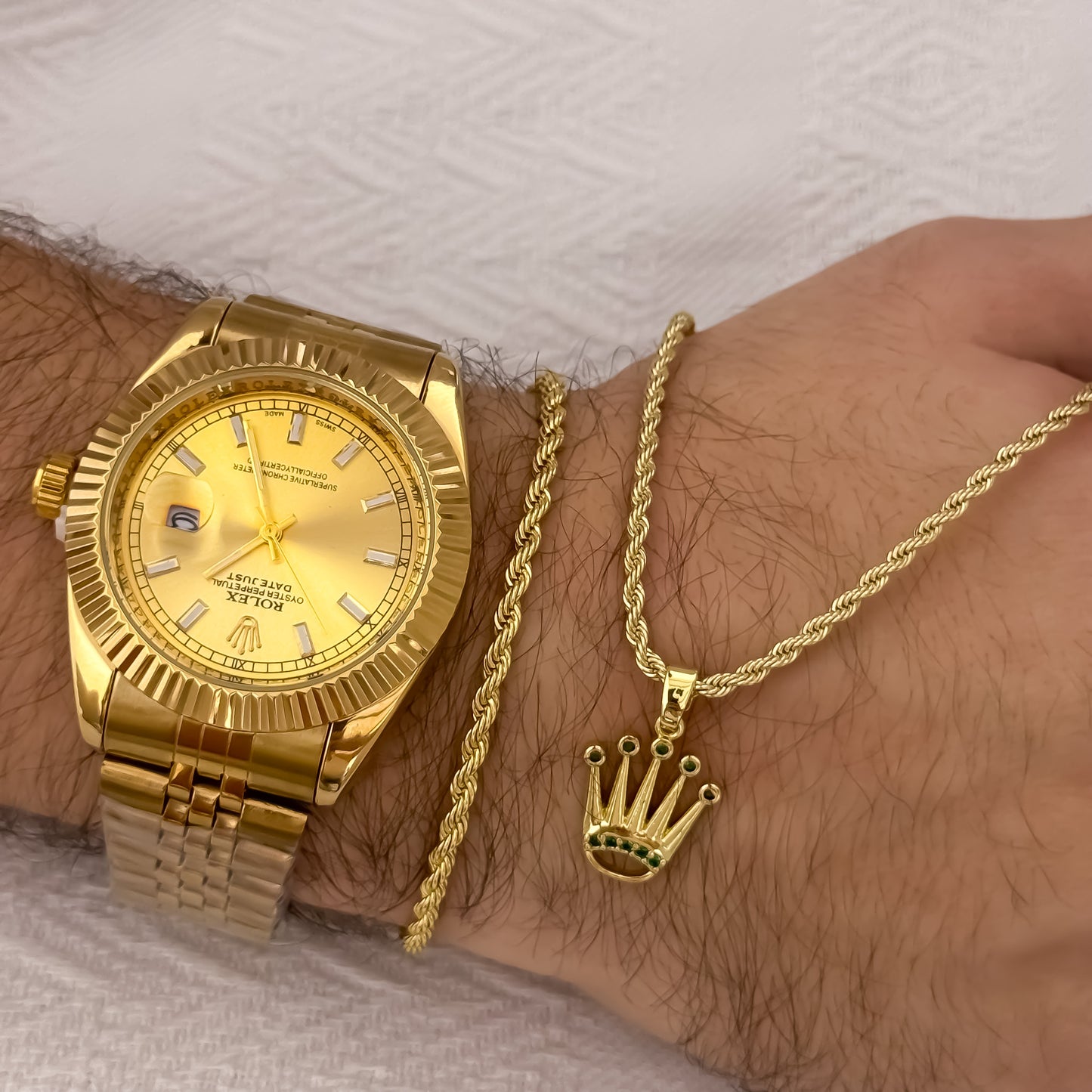 Conjunto Tejido Lazo Hombre de 60cm de 3mm + Dije de Corona Rolex verde Esmeralda + Pulsera Lazo 20cm en  Oro Laminado 18k con Garantia de por vida  + Reloj Rolex 1.1 con Garantia