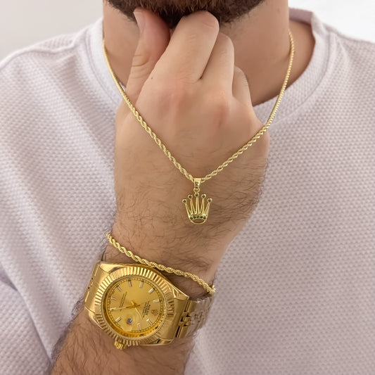 Conjunto Tejido Lazo Hombre de 60cm de 3mm + Dije de Corona Rolex verde Esmeralda + Pulsera Lazo 20cm en  Oro Laminado 18k con Garantia de por vida  + Reloj Rolex 1.1 con Garantia