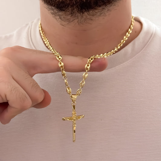 Cadena Tejido Gucci de Hombre de 60cm de 5mm + Cruz Cristo Madero Protección en Oro Laminado 18k con Garantía de por vida