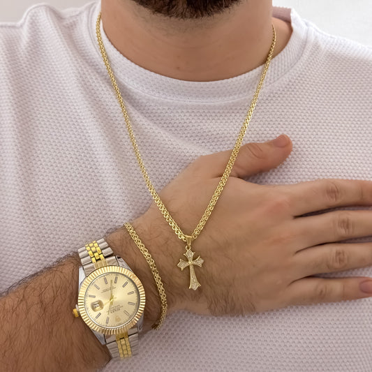 Conjunto de Cadena Tejido chino Hombre de 60cm de 3mm + Cruz Trebol con Micro Circones + Pulsera China de 20cm de 3mm en Oro Laminado 18k con Garantía de por vida + Reloj Rolex 1.1