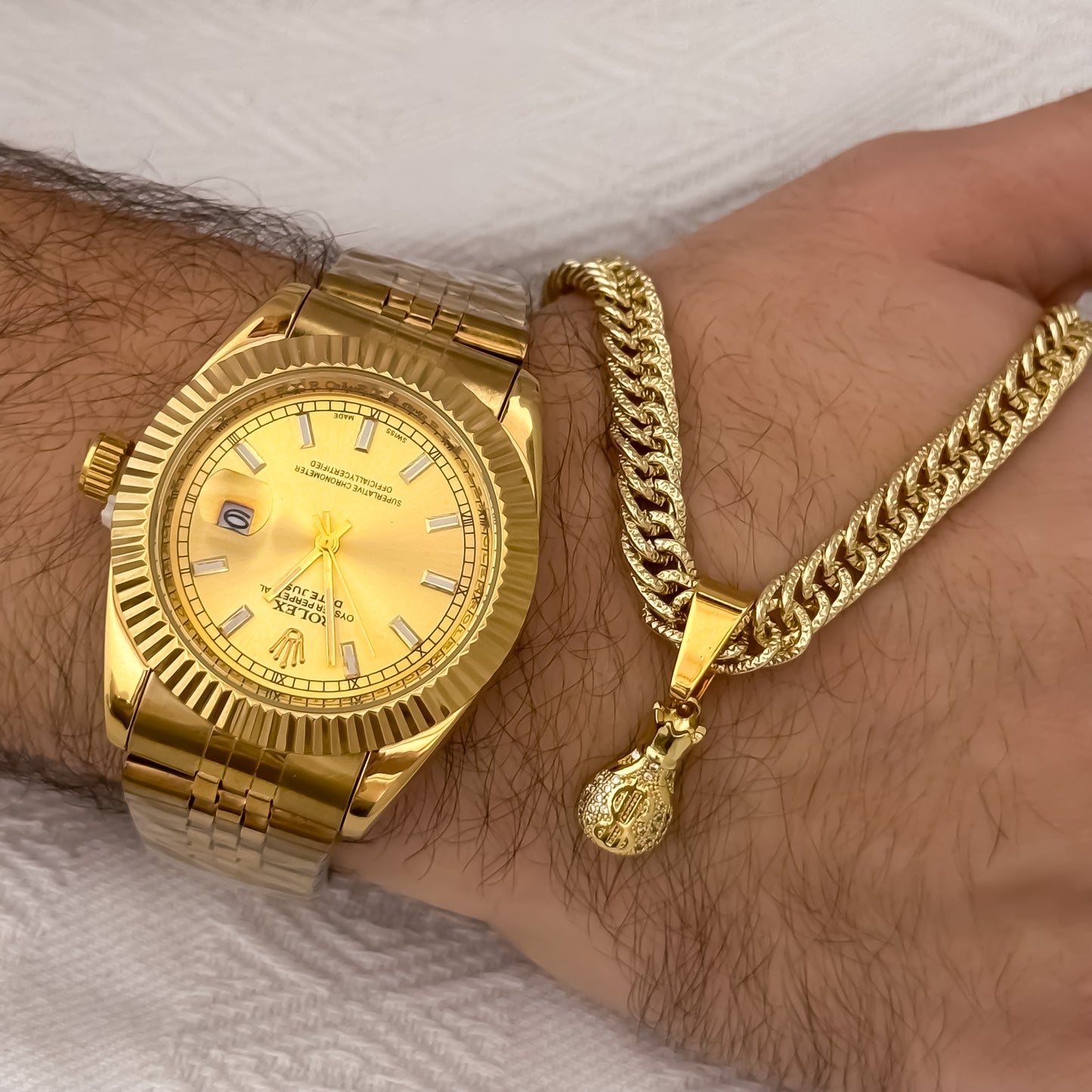 Cadena Tejido  Cubana Cruzada Diamantada  60cm de 5mm + Bolsa de Dinero Micro Circones + Reloj de Hombre Rolex