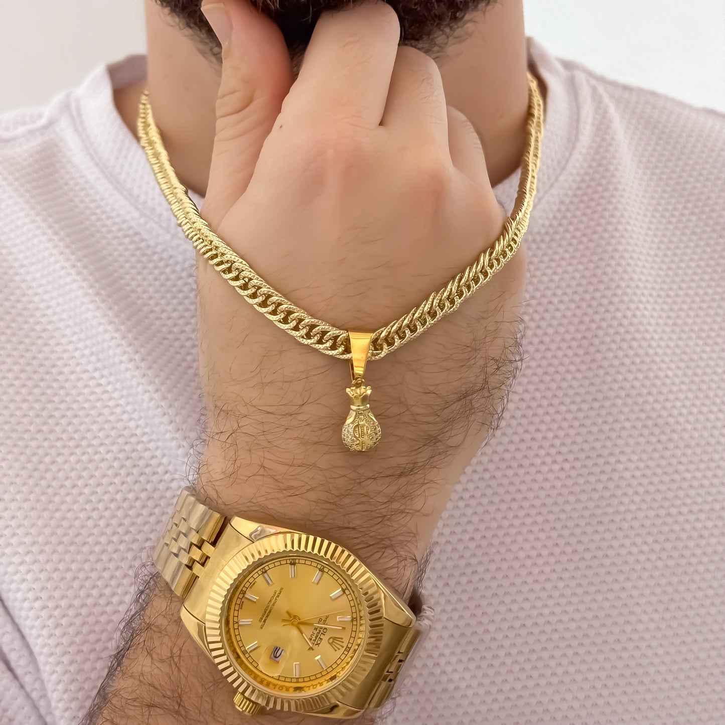 Cadena Tejido  Cubana Cruzada Diamantada  60cm de 5mm + Bolsa de Dinero Micro Circones + Reloj de Hombre Rolex