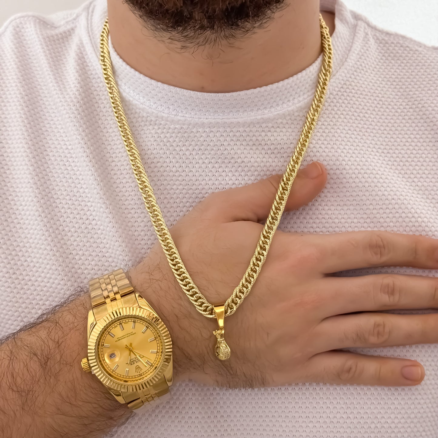 Cadena Tejido  Cubana Cruzada Diamantada  60cm de 5mm + Bolsa de Dinero Micro Circones + Reloj de Hombre Rolex