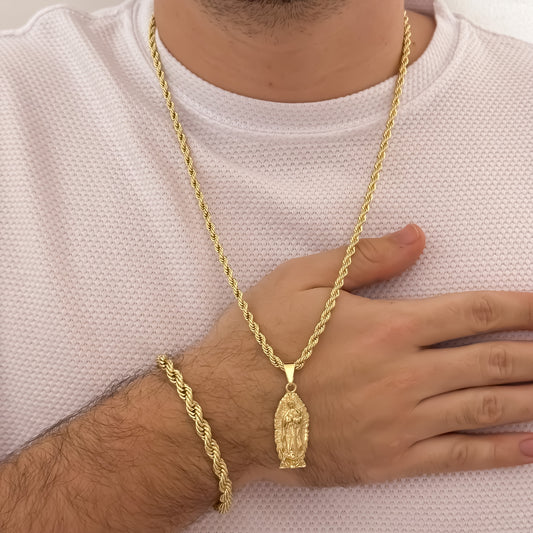 Conjunto Lazo Siciliano para Hombre  Cadena 60cm de 5mm + Virgen de Guadalupe Tallada + Pulsera Lazo 20cm de 8mm en Oro Laminado 18k con Garantía de por vida