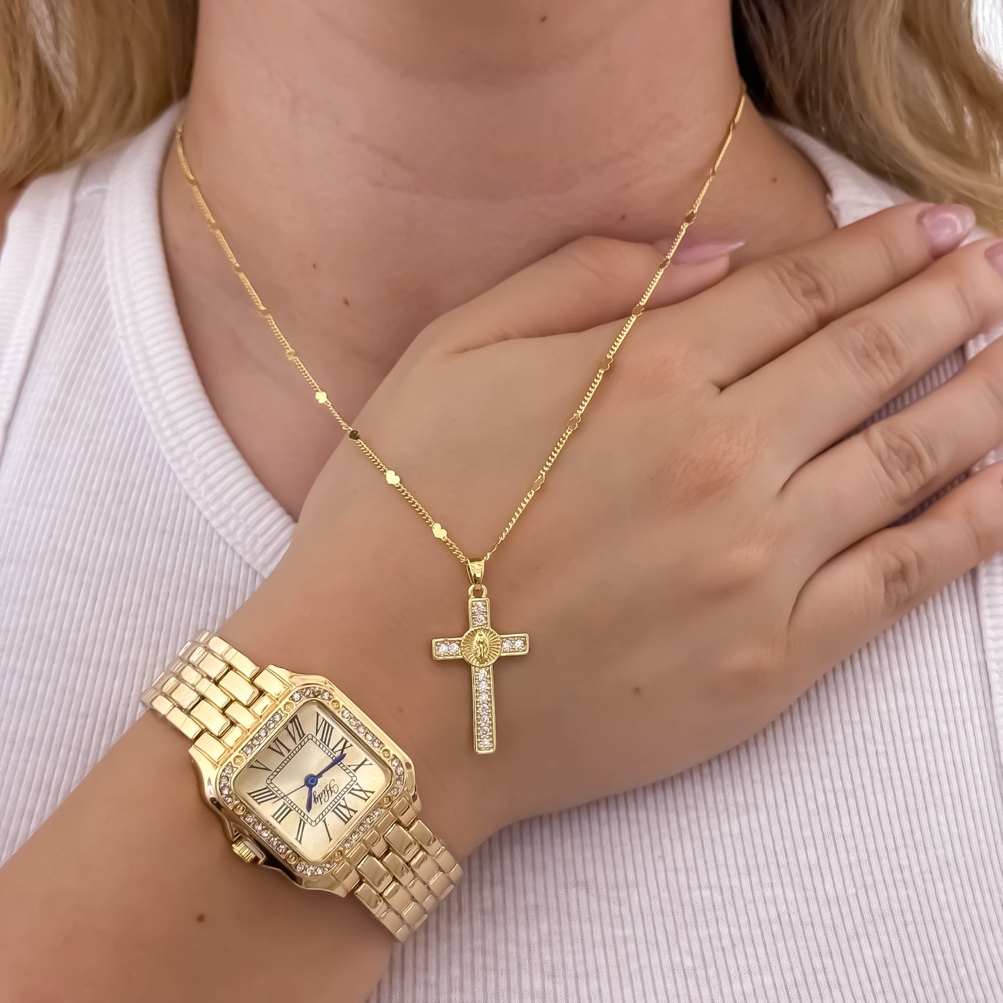 Cadena Tejido Corazon de Dama + Cruz Virgen de Guadalupe con Micro Circones en Oro Laminado 18k con Garantia de por vida  + Reloj Catier de Dama con Micro Circones