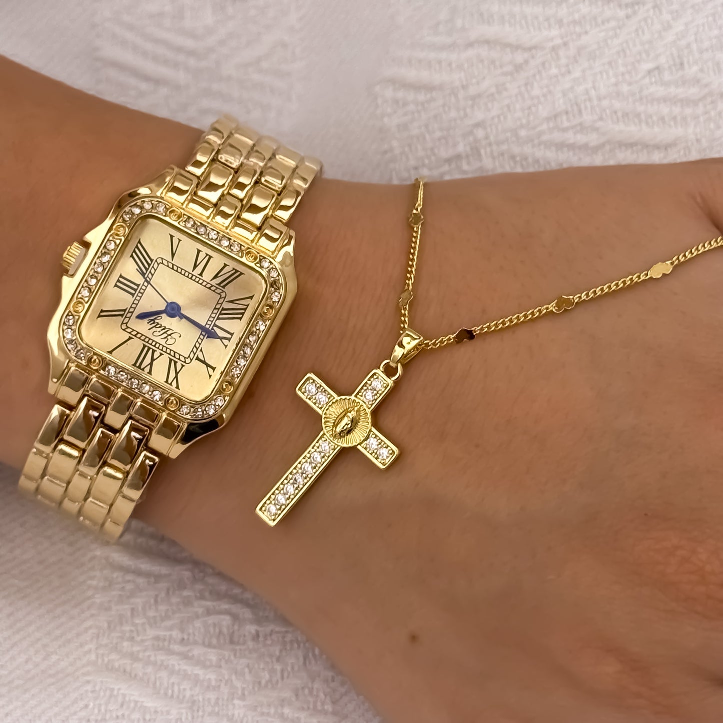 Cadena Tejido Corazon de Dama + Cruz Virgen de Guadalupe con Micro Circones en Oro Laminado 18k con Garantia de por vida  + Reloj Catier de Dama con Micro Circones