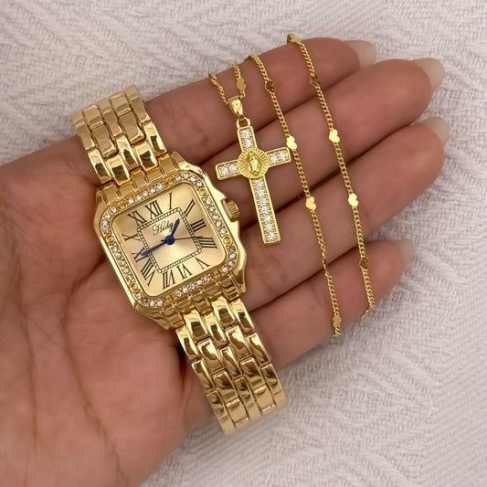 Cadena Tejido Corazon de Dama + Cruz Virgen de Guadalupe con Micro Circones en Oro Laminado 18k con Garantia de por vida  + Reloj Catier de Dama con Micro Circones