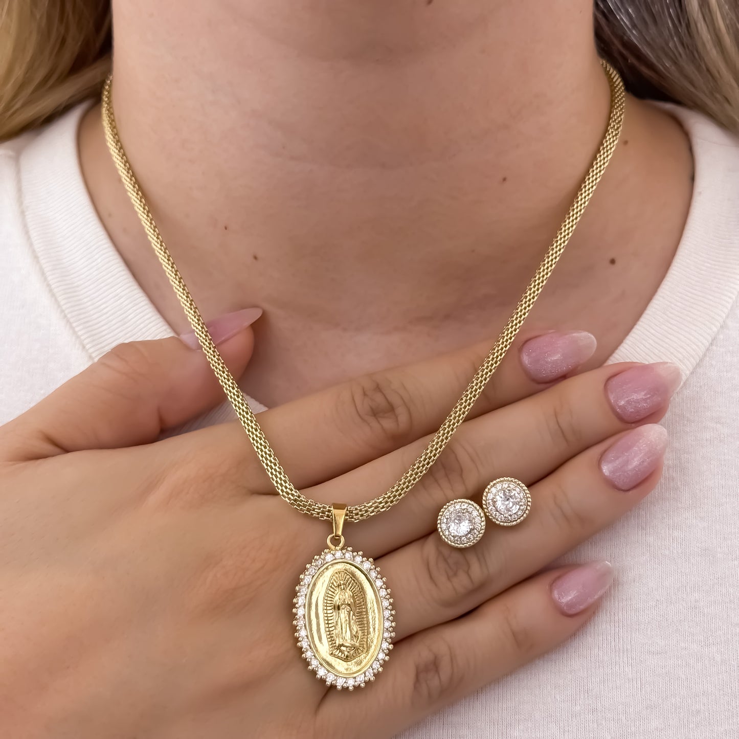 Cadena Tejido Chino Dama Gruesa de 5mm +  Virgen de Guadalupe con Micro Circones + Topos Balin con Micro Circones  en Oro Laminado 18k con Garantia de por vida