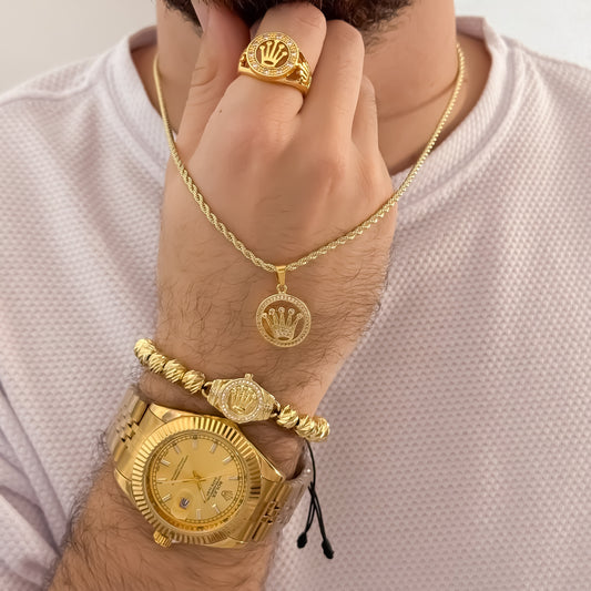 Cadena Tejido Lazo de hombre de 60cm de 2mm + Corona Rolex con Micro Circones Crisales + Anillo Rolex con Micro Circones Ajustable + Pulsera Rolex en Balin italiano de 8mm en Oro Laminado 18k con Garantia de por vida + Reloj Rolex