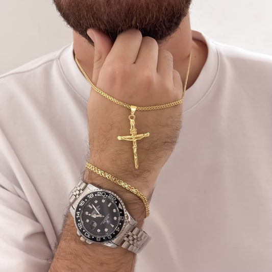 Cadena Tejido Chino de Hombre de 60cm de 3mm + Cruz Cristo Madero + Pulsera Tejido Chino de 20cm de 4mm en Oro Laminado 18k con Garantia de por vida + Reloj Rolex Bicolor Negro 1.1 Garantizado