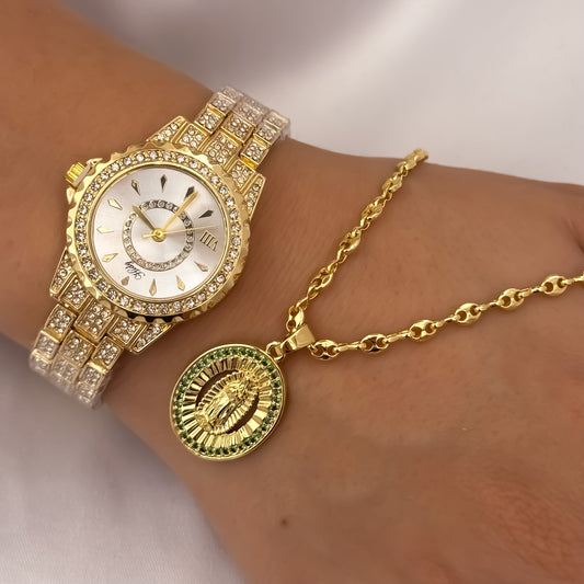 Cadena Tejido Gucci de Dama de 45cm + Virgen de Guadalupe con Micro Circones de Colores Verde Esmeralda + Reloj Catier con Micro circones en Oro Laminado 18k con Garantía de por vida