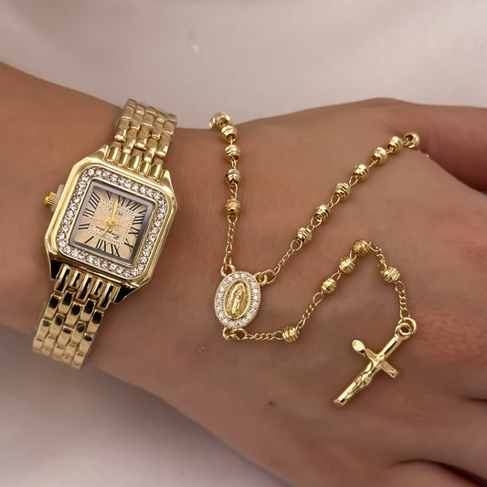 Camandula de Virgen de Guadalupe par Dama en Balin Italiano de 5mm + Reloj de Dama Tipo Catier con Circones en Oro Laminado 18k con Garantia de por vida
