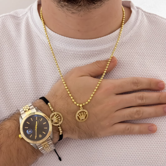 Caadena Tejido Militar de Hombre de 60cm de 3mm + Corona Rolex con Micro Circones + Pulsera Corona Rolex con Micro Circones en Oro Laminado 18k con Garantia de por vida + Reloj Rolex de Alta Calidad 1,1