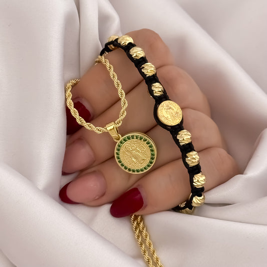 Cadena Tejido Lazo Siciliano de Dama de 45cm de 3mm + San Benito Protección con Micro Circones Verde Esmeralda + Pulsera San Benito Tejida en Balin italiano de 6mm en Oro Laminado 18k con Garantia de por vida