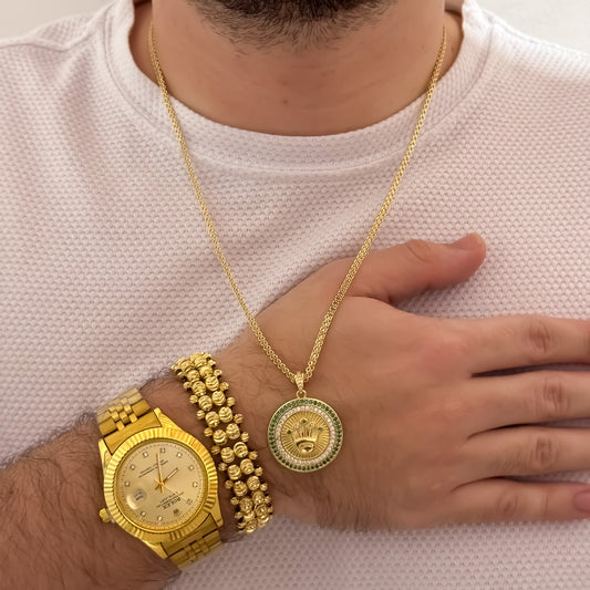 Cadena Tejido Chino de 60cm de 3mm + Corona Rolex Micro Circones Verde Esmeralda + Pulseras Doble Carril Balin Italiano de 6mm + Reloj Rolex de 1.1 en Oro Laminado 18k con Garantia de por vida