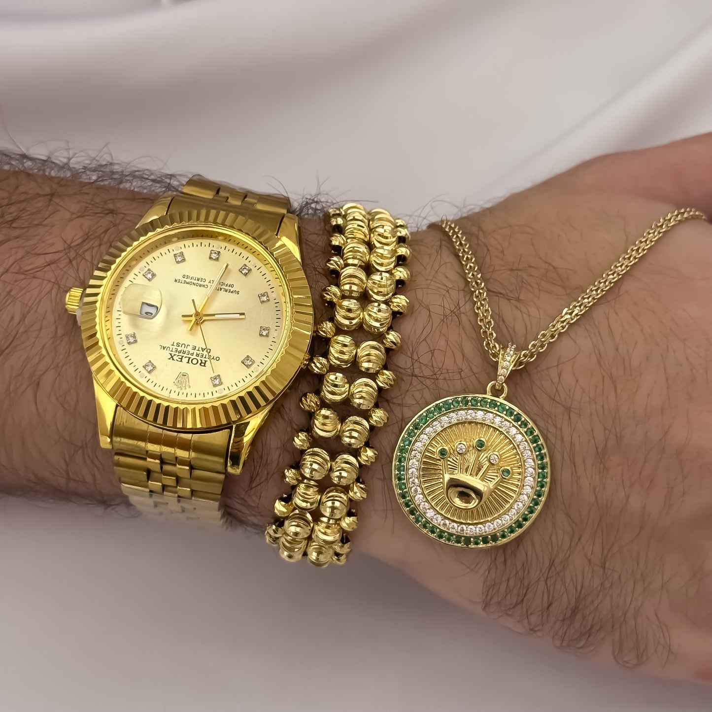 Cadena Tejido Chino de 60cm de 3mm + Corona Rolex Micro Circones Verde Esmeralda + Pulseras Doble Carril Balin Italiano de 6mm + Reloj Rolex de 1.1 en Oro Laminado 18k con Garantia de por vida