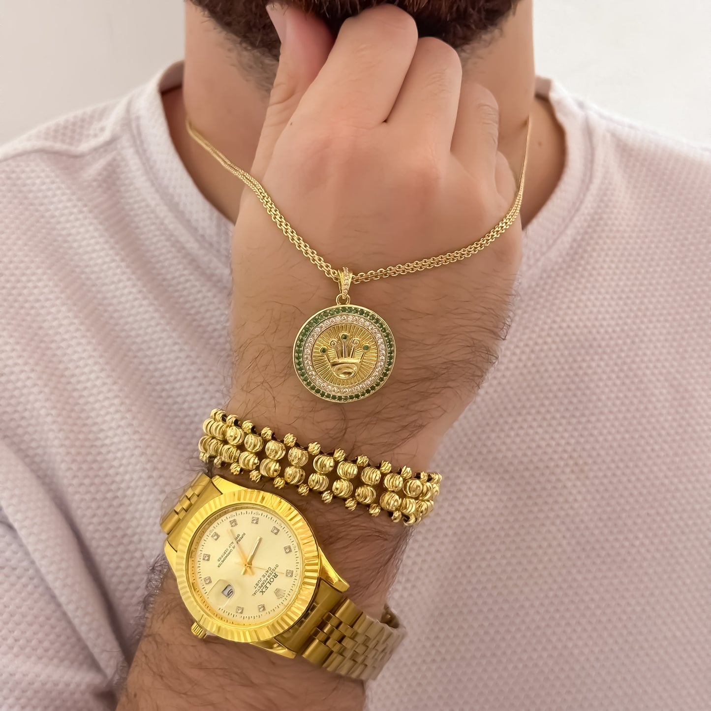 Cadena Tejido Chino de 60cm de 3mm + Corona Rolex Micro Circones Verde Esmeralda + Pulseras Doble Carril Balin Italiano de 6mm + Reloj Rolex de 1.1 en Oro Laminado 18k con Garantia de por vida