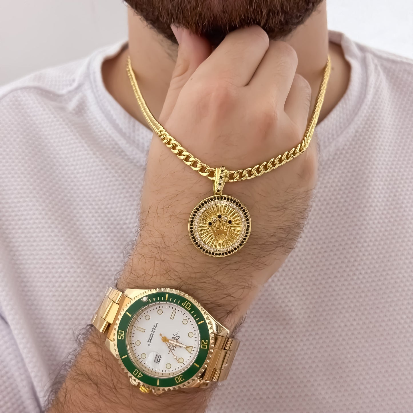 Cadena Tejido Cubana Rustica de Hombre de 60cm de 5mm + Corona Rolex + Reloj Rolex con Micro Circones Negro en Oro Laminado 18k con  Garantia de por vida