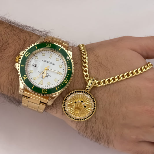 Cadena Tejido Cubana Rustica de Hombre de 60cm de 5mm + Corona Rolex + Reloj Rolex con Micro Circones Negro en Oro Laminado 18k con  Garantia de por vida